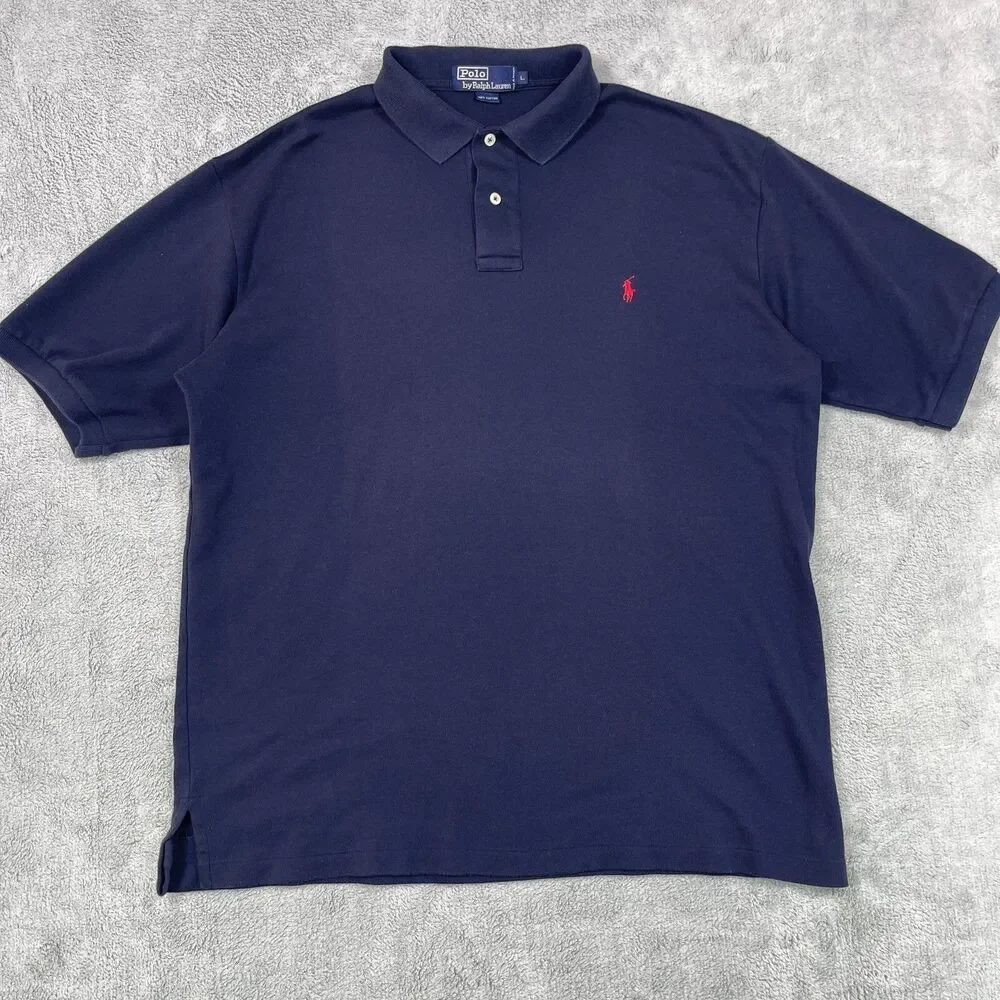 Polo Ralph Lauren Polo Shirt Men Large Navy Blue Short Sleeve Cotton Pique Logo
